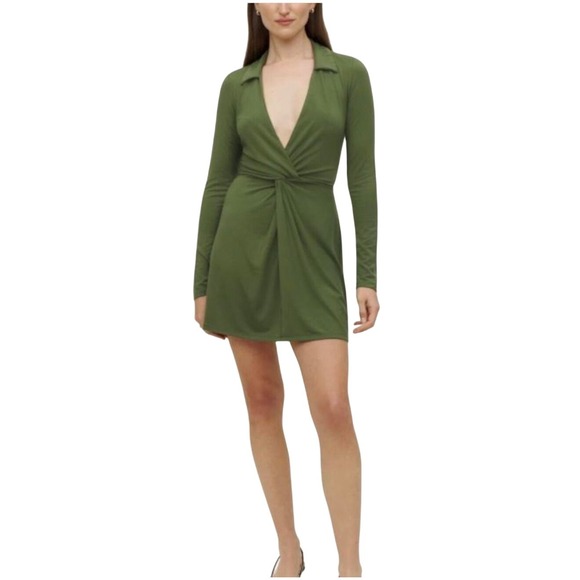 Reformation Deep V Twist Front Mini‎ Dress • Size M • Olive Green Tencel Stretch